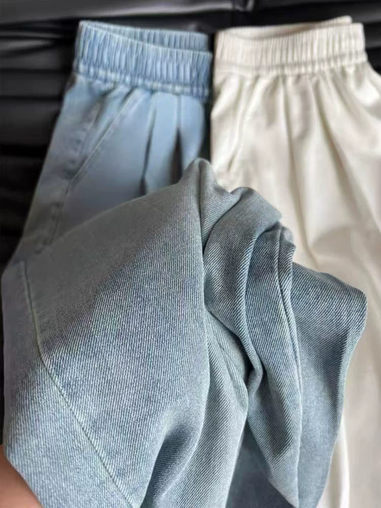 Quần jean ống đứng màu xanh Tencel dành cho nữ, kiểu dáng mỏng mùa hè, cỡ lớn, lưng cao, dáng rộng, mềm mại, tôn dáng, quần ống rộng bằng vải lụa băng