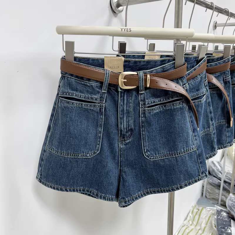 Quần short denim kiểu dáng châu Âu dành cho nữ, kiểu dáng mỏng mùa hè, cỡ lớn, lưng cao, giảm béo, che hông, quần ống rộng chữ A