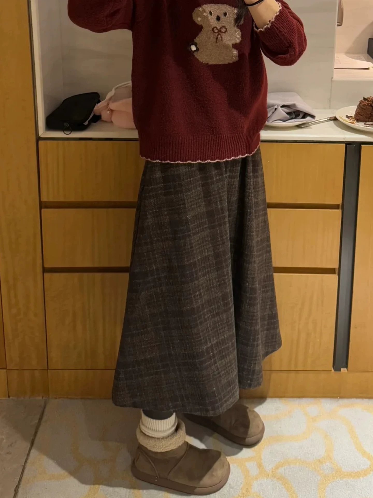 Váy len kẻ sọc cổ điển dành cho nữ mùa thu đông, cỡ lớn, eo cao, tạo dáng thon gọn, dáng quả lê, váy chữ A