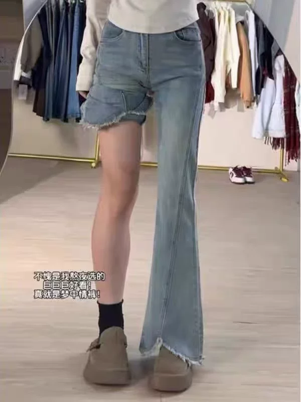 Quần jean ống loe viền thô dành cho nữ, mùa xuân, size lớn, cạp cao, co giãn, che hông, tôn dáng, dành cho người có dáng quả lê, quần ống loe