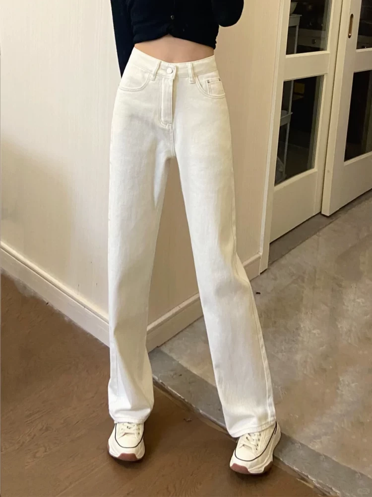 Quần jean trắng dáng thẳng ôm dáng cho nữ, kiểu thu đông 2025, size lớn, cạp cao, rộng rãi, tôn dáng, chất liệu mềm mại, quần ống rộng