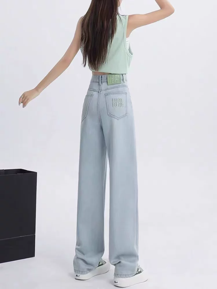 Quần jeans thẳng màu xanh nhạt chất liệu Tencel dành cho nữ, mùa hè 2025, size lớn, cạp cao, rộng rãi, mềm mại, tôn dáng, quần ống rộng