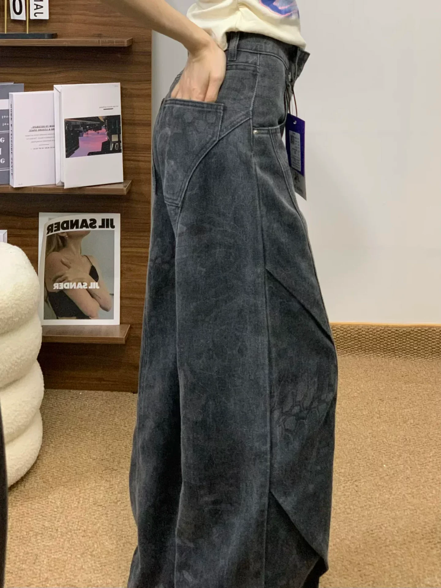 Quần jean ống rộng màu đen và xám dành cho nữ, mùa thu đông, lót lông cừu, cỡ lớn, lưng cao, rộng rãi, mềm mại, tôn dáng, quần dài chạm sàn.