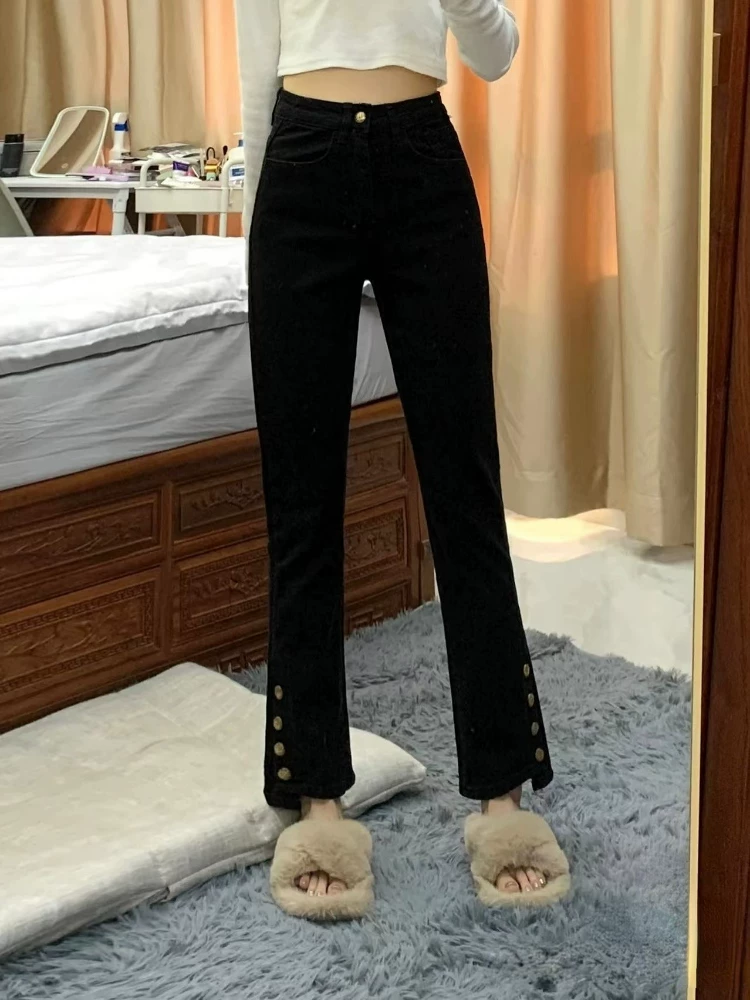 Quần jean nữ dáng chuông, lót lông cừu, dày dặn, ống thẳng hơi loe, size lớn, cạp cao, co giãn, che hông.