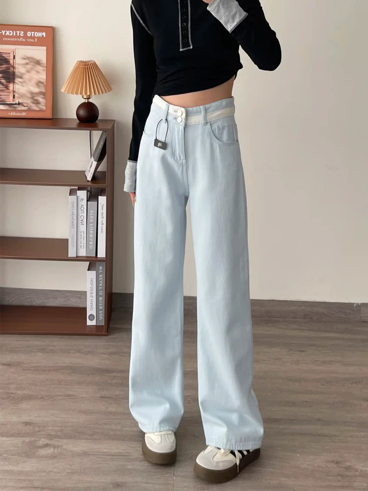 Quần jean ống thẳng cho nữ, kiểu xuân hè mới, size lớn, thiết kế dành cho phụ nữ có đường cong, cạp cao, che hông, giảm béo, quần ống rộng.