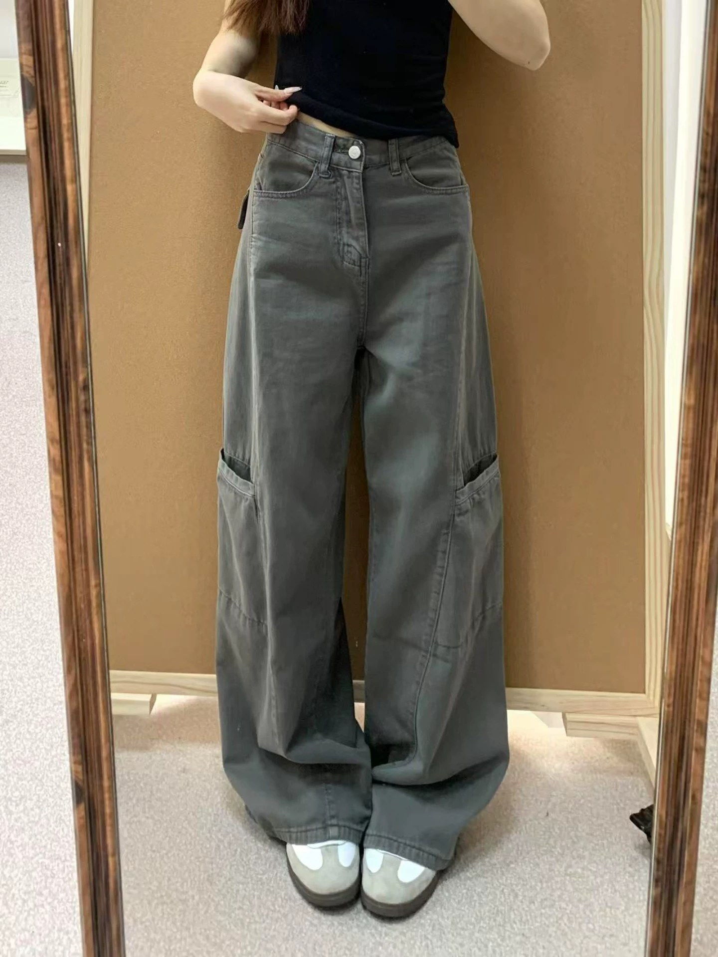 Quần ống rộng màu xám đậm kiểu Mỹ dành cho nữ, mùa thu, cỡ lớn, lưng cao, dáng rộng, dáng quả lê, quần jean ống thẳng