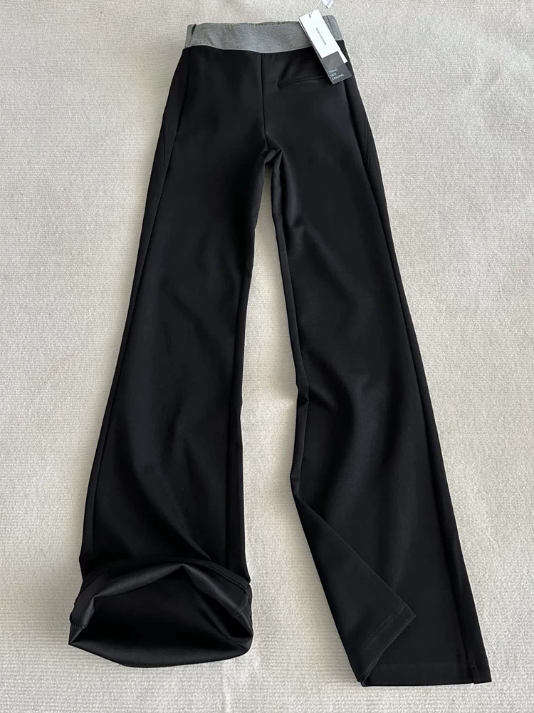 Quần âu phối màu đen dành cho nữ, cỡ lớn mùa hè, cạp cao, co giãn, tôn dáng, quần thể thao ống loe, quần dài chạm sàn.