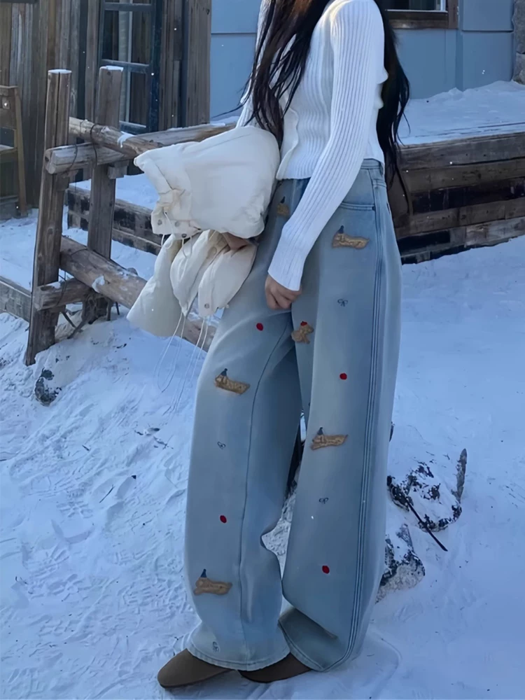 Quần jean ống đứng thêu hình chó dachshund dành cho nữ, mùa thu đông, cỡ lớn, lót lông cừu, lưng cao, dáng rộng, giảm béo, ống rộng, quần dài đến sàn