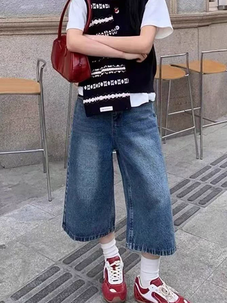 Quần crop màu xanh cổ điển dành cho nữ, quần jean cỡ lớn mùa hè dành cho phụ nữ có đường cong, lưng cao, dáng rộng, thon gọn, ống thẳng, dài tám phần mười, quần dài vừa phải ống rộng.