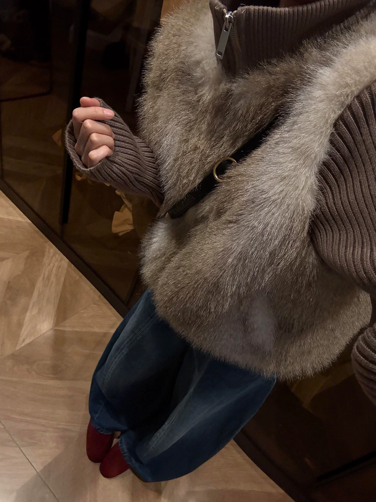 Quần jean ống rộng màu xanh cổ điển dành cho nữ, mùa thu đông, lót lông cừu, cỡ lớn, dáng quả lê, lưng cao, dáng rộng, dáng thon gọn, quần dài đến sàn