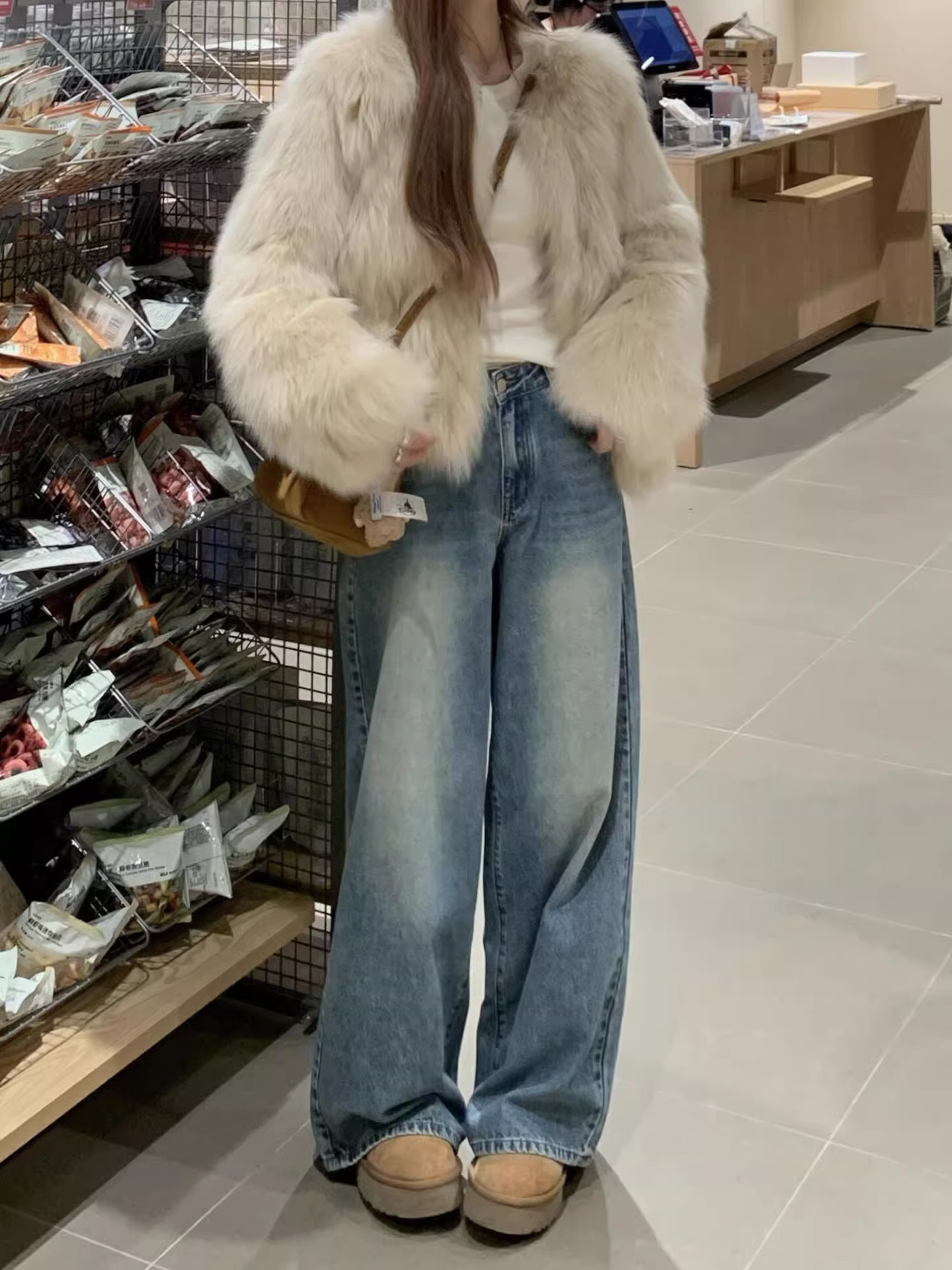 Quần jeans ống rộng lưng cao cổ điển dành cho nữ, size lớn mùa đông, lót lông cừu, dày dặn, rộng rãi, tôn dáng, quần ống đứng mềm mại