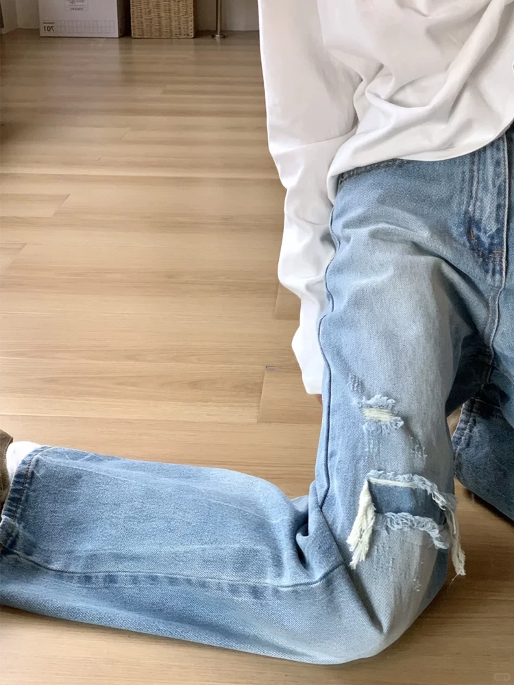 Quần jean ống đứng màu xanh nhạt dành cho nữ, thu đông 2025, size lớn, cạp cao, dáng rộng, tôn dáng, phù hợp với dáng người quả lê, quần ống rộng