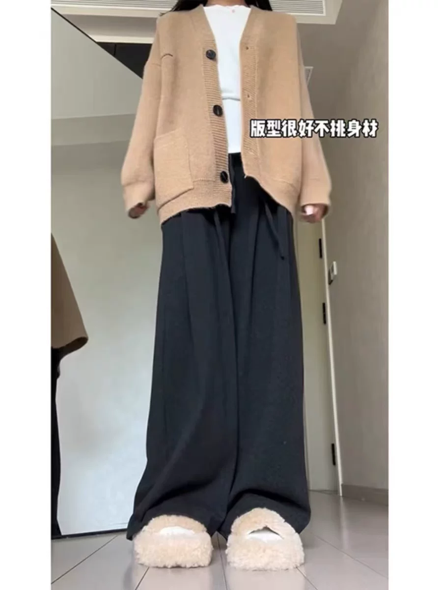 Quần thường ngày màu xám đậm dành cho nữ, phong cách đầu xuân, cỡ lớn, lưng cao, dáng suôn, tôn dáng, phong cách lười biếng, quần ống rộng dài chạm sàn.