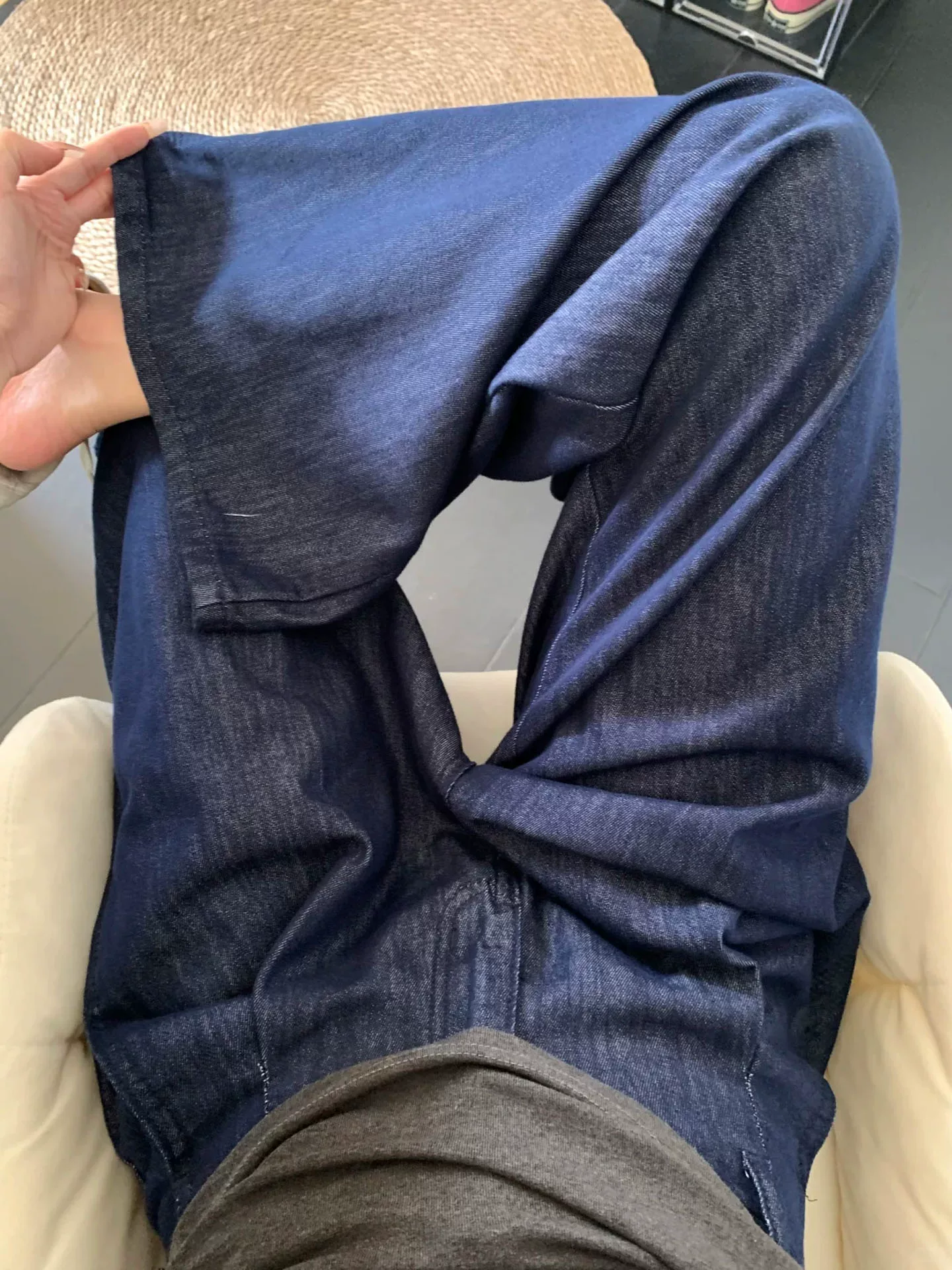 Quần jean ống rộng màu xanh denim dành cho nữ, kiểu dáng mỏng mùa hè, cỡ lớn, lưng cao, che hông, giảm béo, quần ống thẳng Tencel.