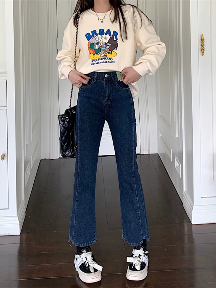 Quần jean dáng chuông nhỏ nhắn dành cho mùa thu đông, lót lông cừu, hơi mũm mĩm, cạp cao, che hông, quần ống đứng tôn dáng