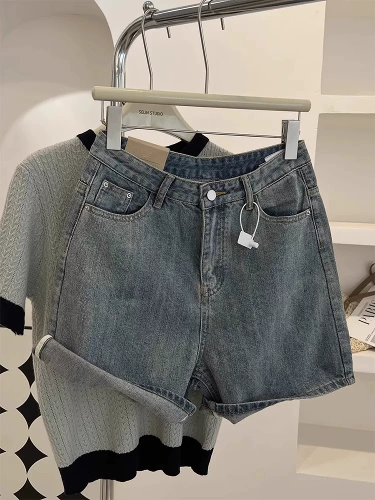 Quần short denim màu xanh cổ điển hình quả lê dành cho nữ, kiểu dáng mỏng mùa hè, cỡ lớn, lưng cao, dáng rộng, quần ống rộng chữ A giúp giảm béo