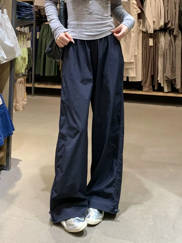 Quần cargo màu xanh hải quân dành cho nữ, phong cách mùa hè mới, cỡ lớn, lưng cao, dáng rộng, tôn dáng, dáng quả lê, quần ống rộng thông thường