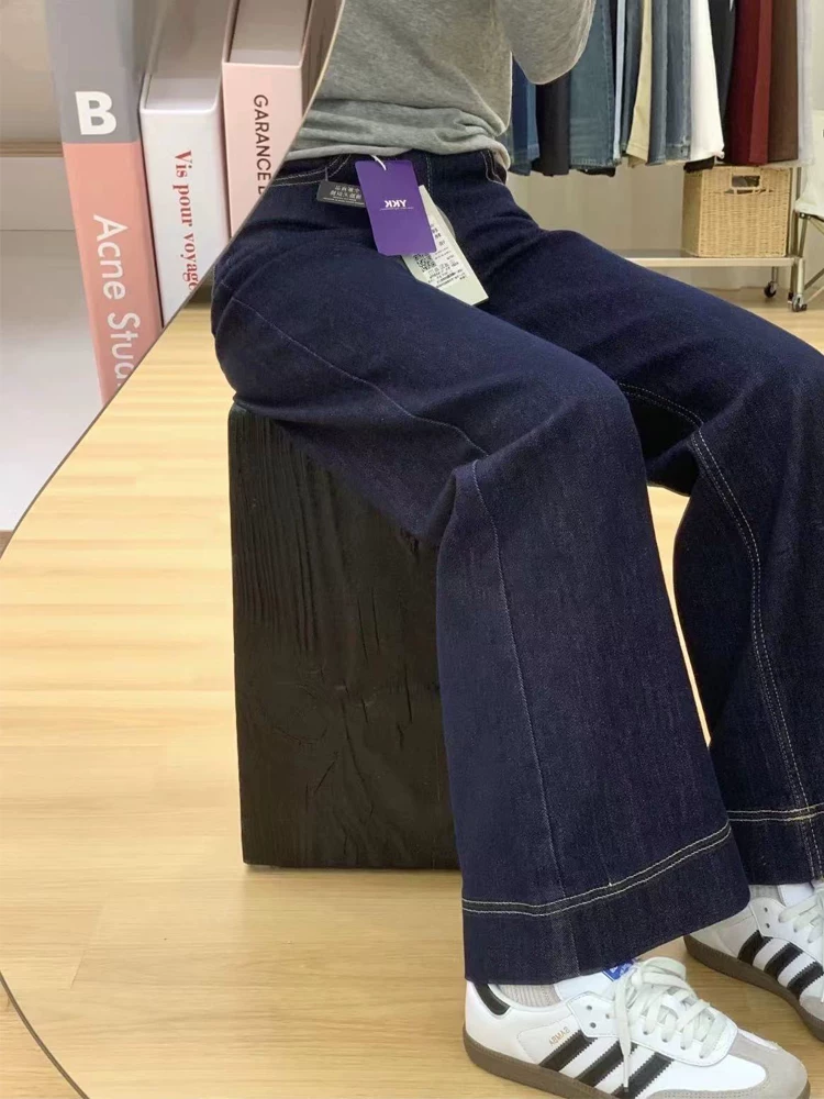 Quần jean ống thẳng màu xanh denim dành cho nữ, kiểu dáng mùa thu mới, cỡ lớn, lưng cao, dáng rộng, mềm mại, tôn dáng, quần ống rộng hẹp.