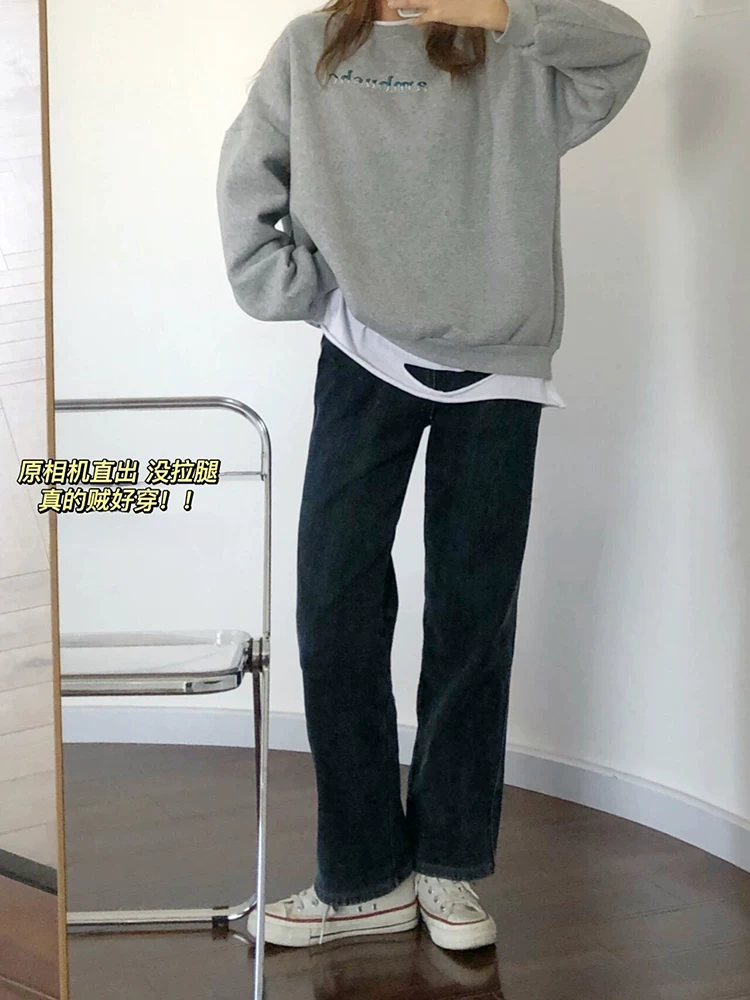 Quần jean ống đứng cho nữ, cỡ lớn, mùa thu đông, lót lông cừu, dày dặn, cạp cao, che hông, giảm béo, quần thuốc lá, dáng quả lê