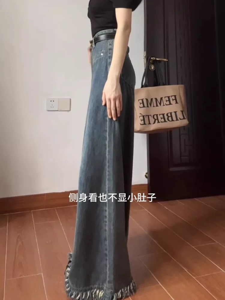 Thân hình quả lê, quần jean ống rộng kiểu dáng lười biếng dành cho nữ, cỡ lớn mùa thu, lưng cao, dáng rộng, thon gọn, ống thẳng, quần dài chạm sàn