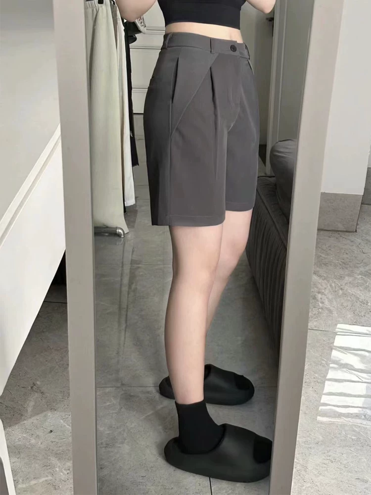 Quần short dáng quả lê dành cho nữ, kiểu dáng mỏng mùa hè, cỡ lớn, lưng cao, che hông, mềm mại, tôn dáng, quần ống rộng dài vừa phải, phong cách giản dị