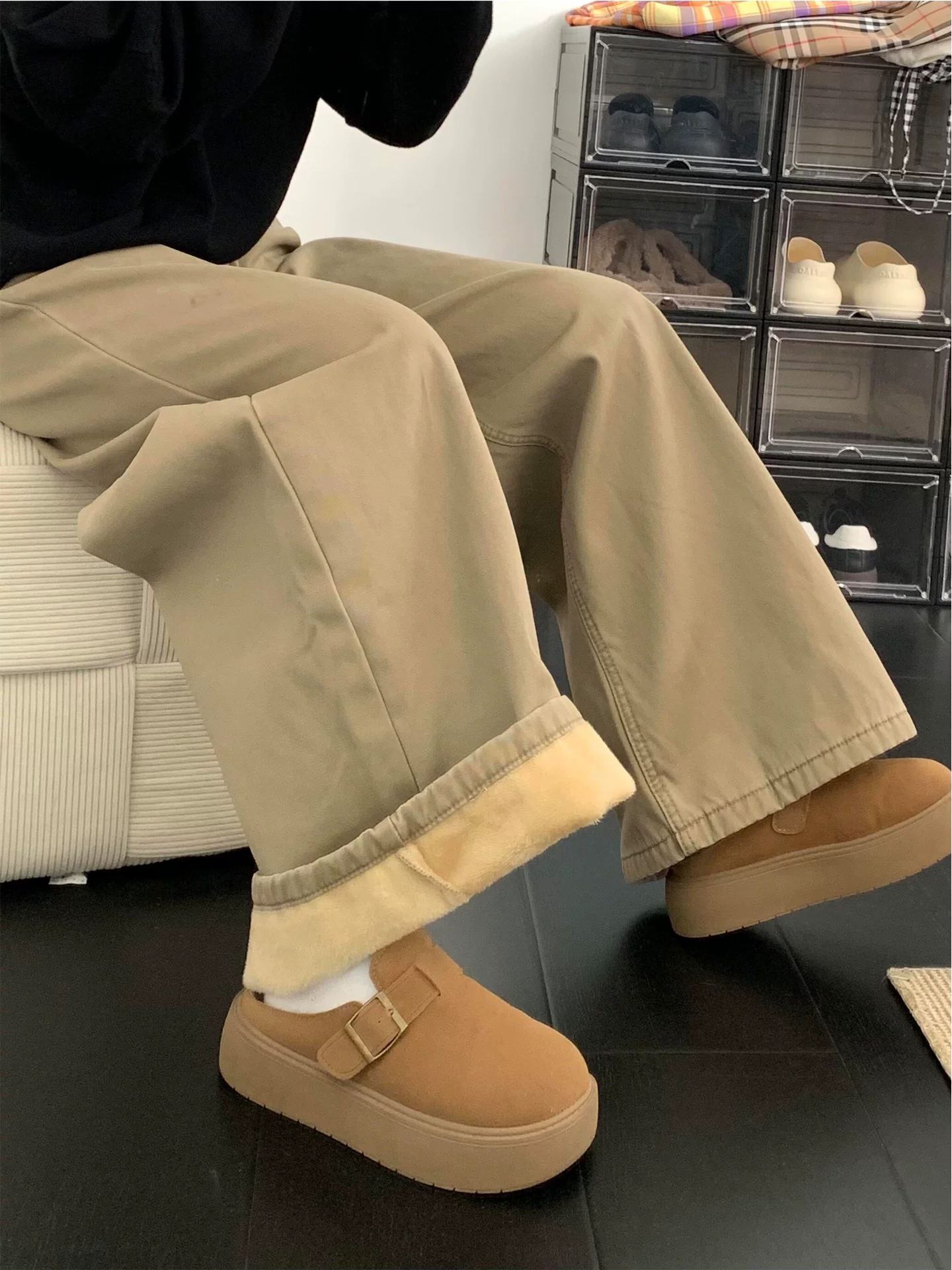 Quần jean ống rộng kiểu Mỹ dành cho nữ, mùa thu đông, cỡ lớn, lót lông cừu, dày dặn, lưng cao, dáng rộng, giảm béo, quần ống đứng màu kaki