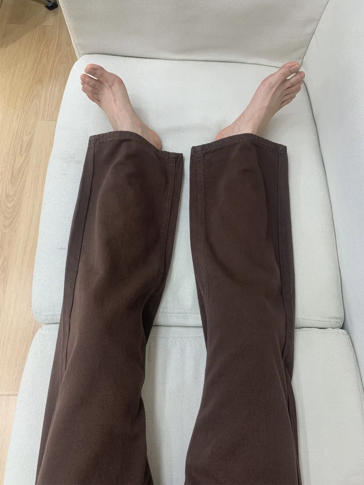 Quần jean nữ màu cà phê, dáng thẳng ôm dáng, kiểu mới xuân 2025, size lớn, cạp cao, che hông, quần ống rộng tôn dáng