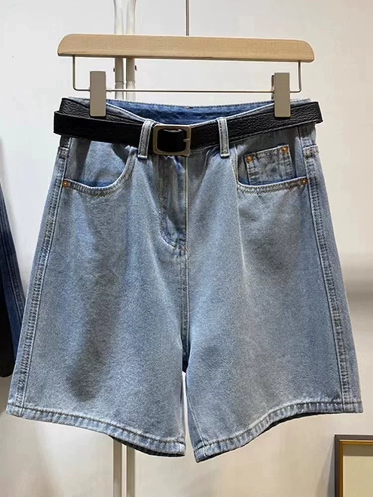 Quần short denim dáng lê dành cho nữ, kiểu dáng mỏng mùa hè, cỡ lớn, lưng cao, dáng rộng, tôn dáng, quần ống rộng dáng chữ A.