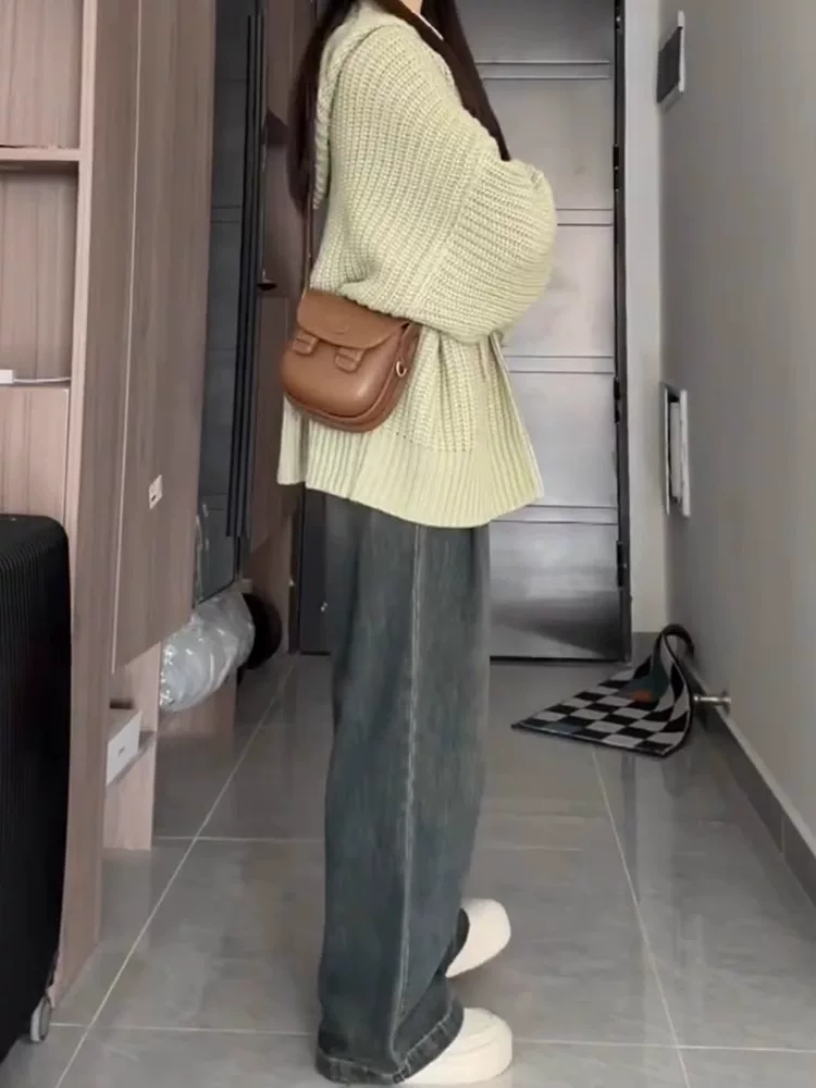 Quần jean ống thẳng màu xám xi măng cho nữ, phong cách mới đầu thu, cỡ lớn, lưng cao, dáng rộng, quần ống rộng hình quả lê