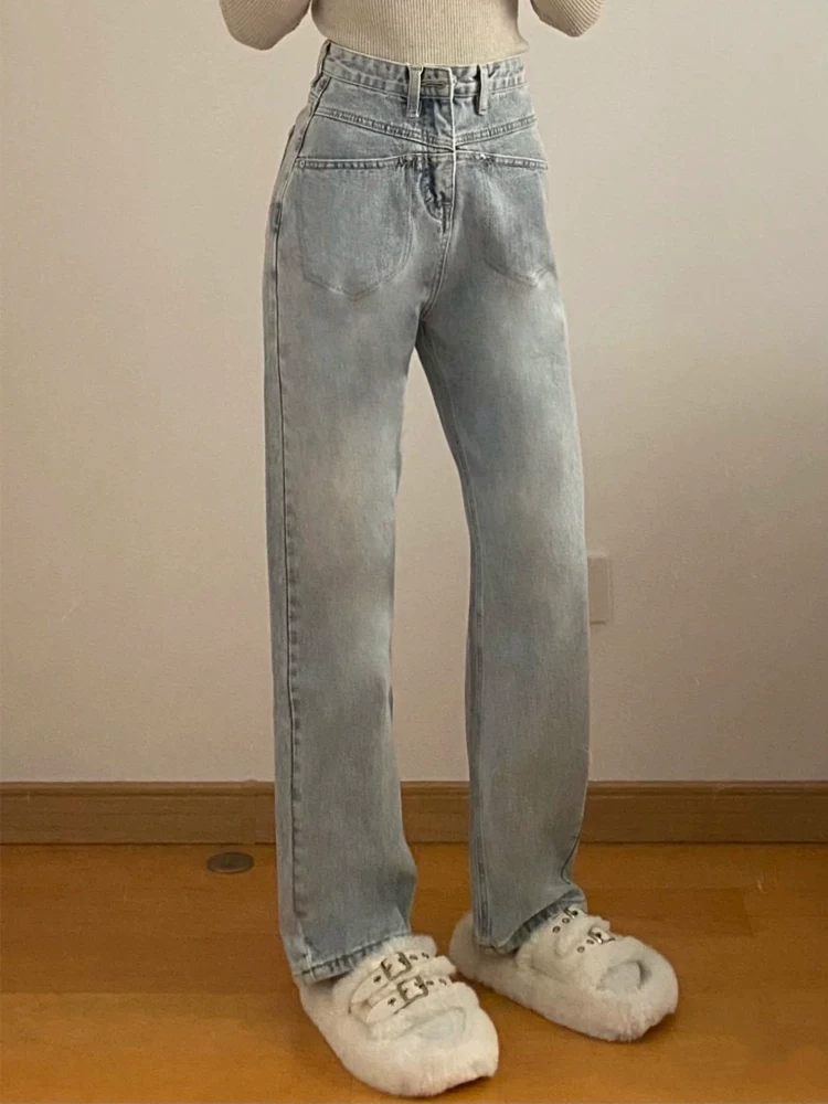 Quần jean ống thẳng dáng quả lê dành cho nữ, cỡ lớn, mặc đầu thu, lưng cao, dáng rộng, che hông, giảm béo, quần ống rộng hẹp