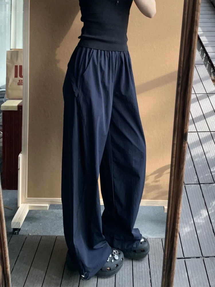 Quần cargo ống thẳng màu xanh hải quân dành cho nữ, phong cách cổ điển Mỹ, cỡ lớn mùa hè, lưng cao, dáng rộng, dáng suông, quần ống rộng thông thường.