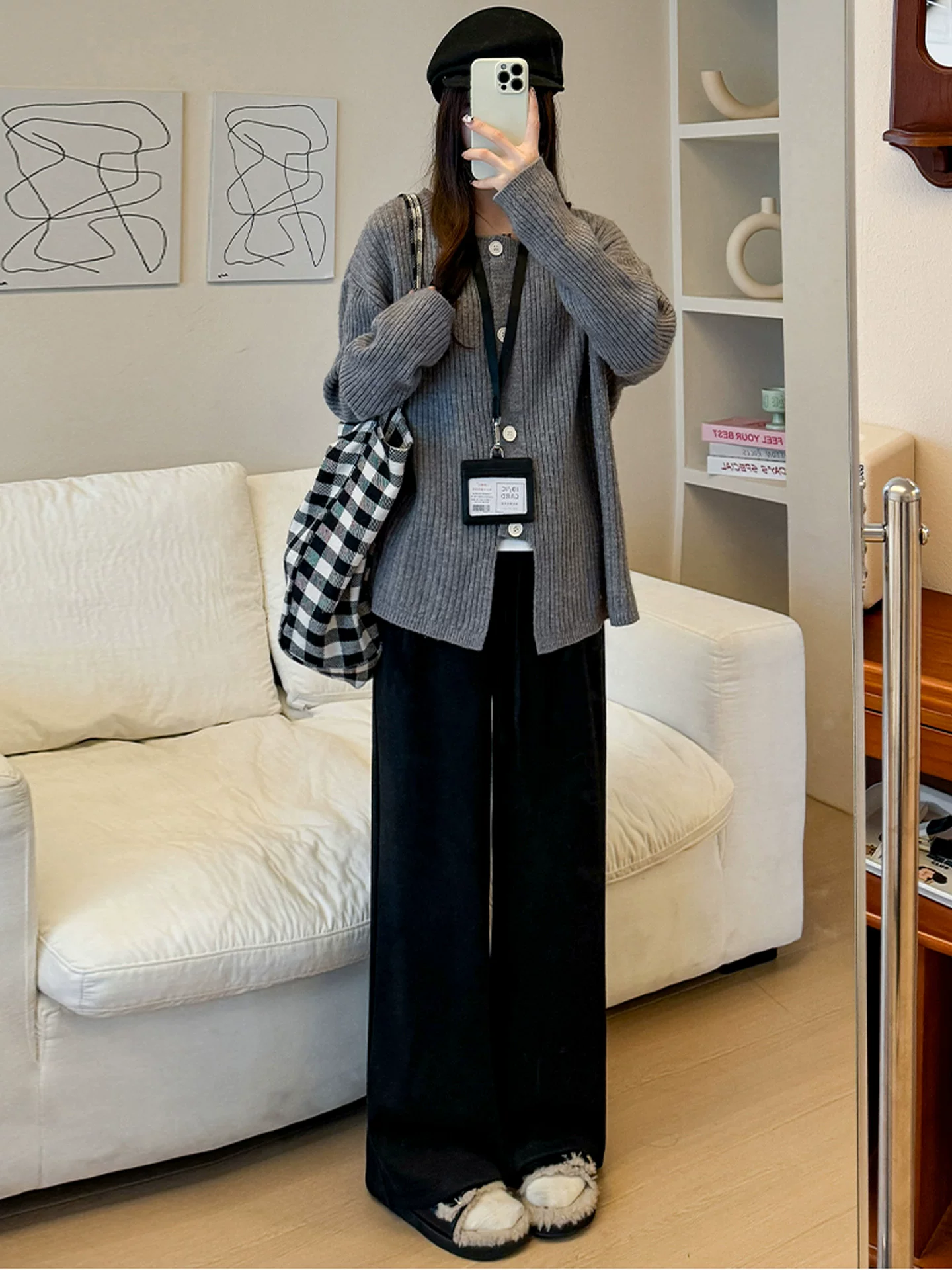 Quần gạo thường ngày màu xám đậm dành cho nữ, mùa thu đông, cỡ lớn, lót lông cừu, dày dặn, lưng cao, dáng rộng, giảm béo, quần ống rộng lười biếng.