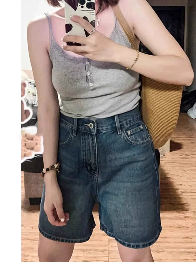 Quần short denim ống rộng kiểu dáng cổ điển hình quả lê dành cho nữ, cỡ lớn mùa hè, cạp cao, dáng rộng, dáng suông, quần short dài vừa phải, dáng thẳng.