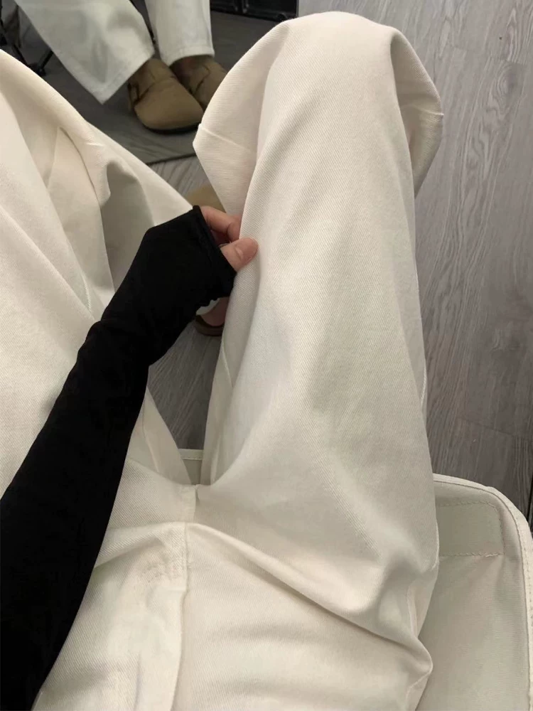 Quần jeans trắng ống đứng nữ thu đông 2024 lót lông dày dặn, size lớn, cạp cao, dáng rộng, tôn dáng