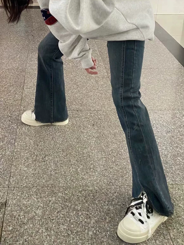 Quần jeans ống đứng xẻ tà dáng rộng dành cho nữ thu đông 2024, size lớn, cạp cao, co giãn, che hông, tôn dáng, kiểu bootcut