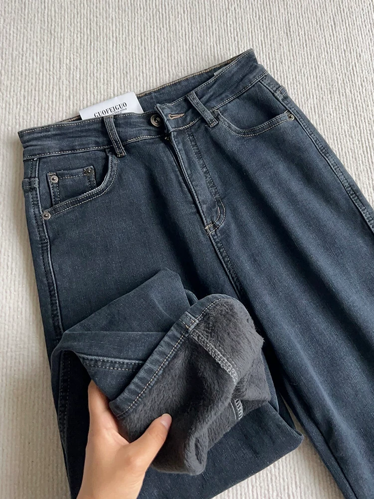 Quần jean ống đứng cho nữ, cỡ lớn, mùa thu đông, lót lông cừu, dày dặn, cạp cao, che hông, giảm béo, quần thuốc lá, dáng quả lê