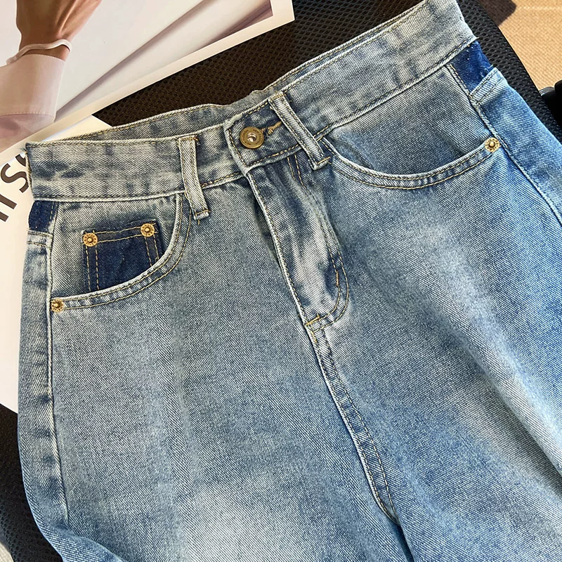 Quần short denim cỡ lớn dành cho nữ, kiểu dáng mỏng mùa hè, cạp cao, che hông, dáng chữ A, ống rộng, quần short dài vừa phải dành cho người có thân hình quả lê.