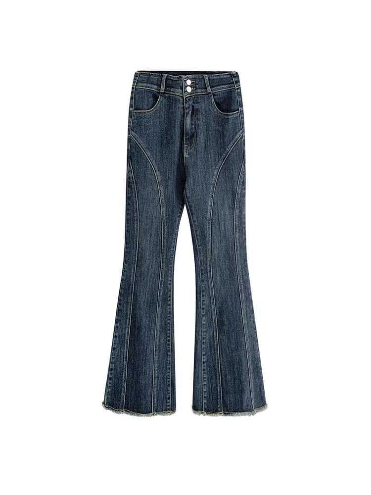 Quần jean ống loe dáng chuông, cạp cao, chất liệu co giãn, viền xù, dành cho nữ, size lớn, mùa thu sớm, giúp thon gọn vóc dáng.