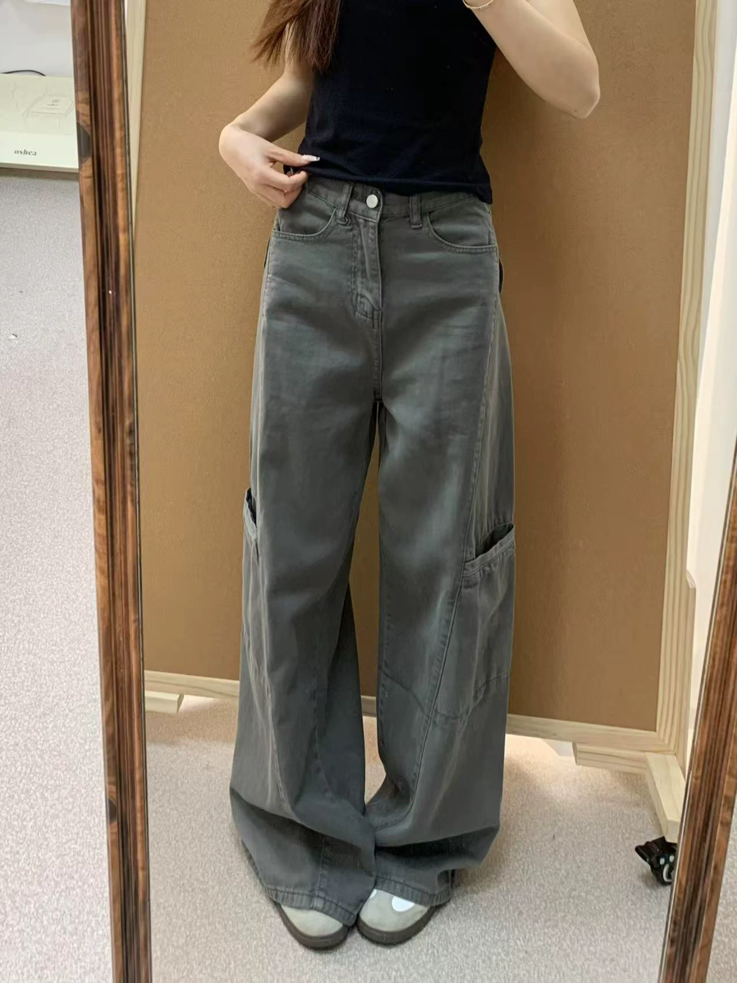 Quần ống rộng màu xám đậm kiểu Mỹ dành cho nữ, mùa thu, cỡ lớn, lưng cao, dáng rộng, dáng quả lê, quần jean ống thẳng