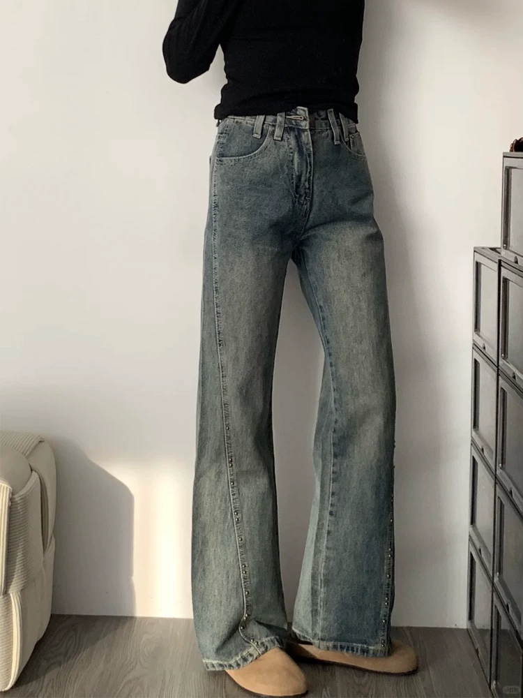 Quần jean ống loe nữ, kiểu mới thu đông, size lớn, lưng cao, dáng rộng, tôn dáng, che hông, quần ống chuông dài chạm sàn