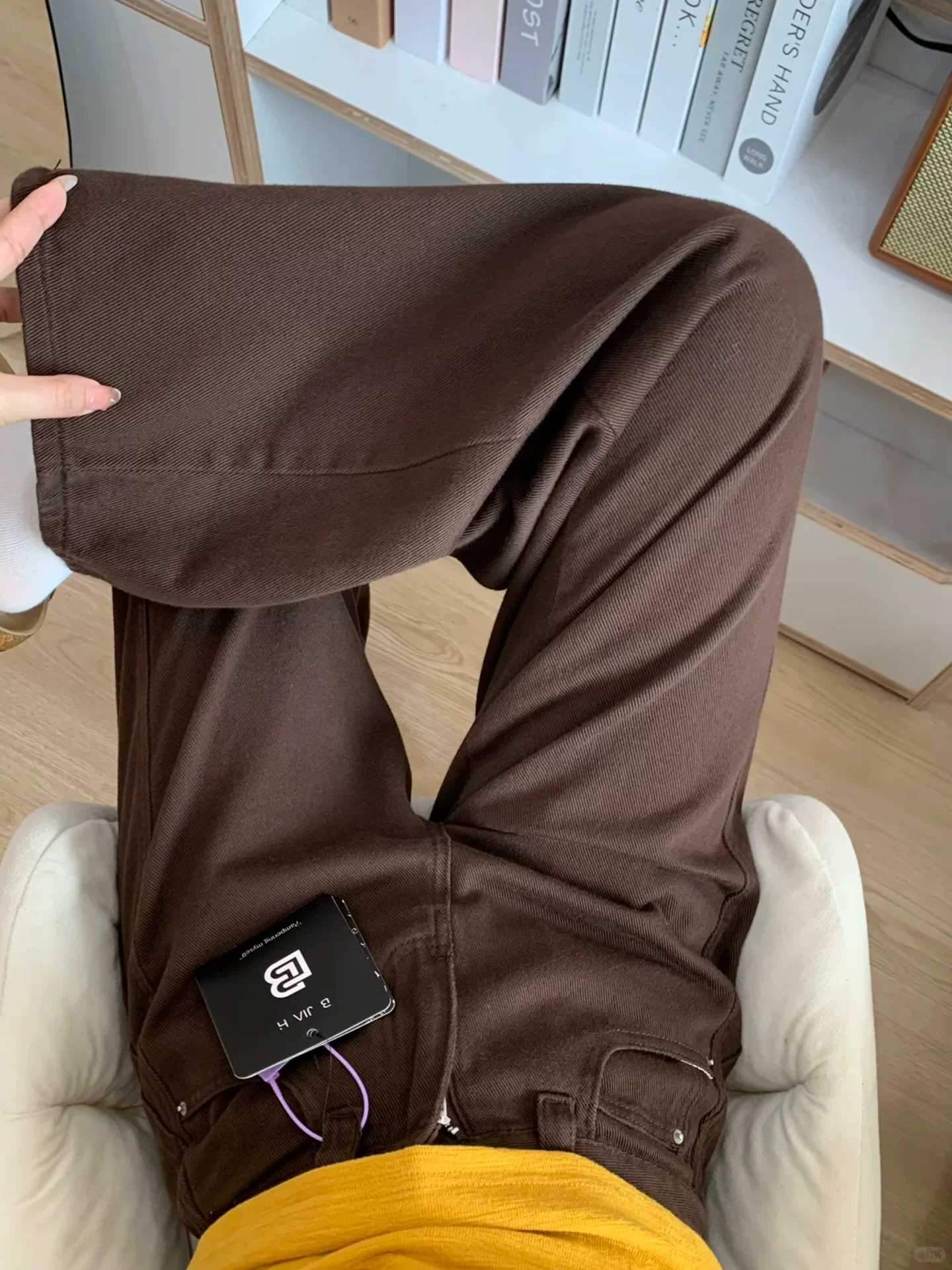 Quần jean ống rộng màu nâu dành cho nữ, mùa thu đông, lót lông cừu, cỡ lớn, lưng cao, dáng rộng, che hông, giảm béo, quần ống thẳng hẹp