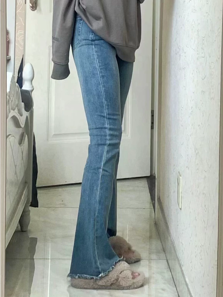 Quần jean ống đứng xẻ tà màu xanh lam đầu xuân dành cho nữ cỡ lớn, che hông, co giãn, giảm béo, quần ống loe cạp cao