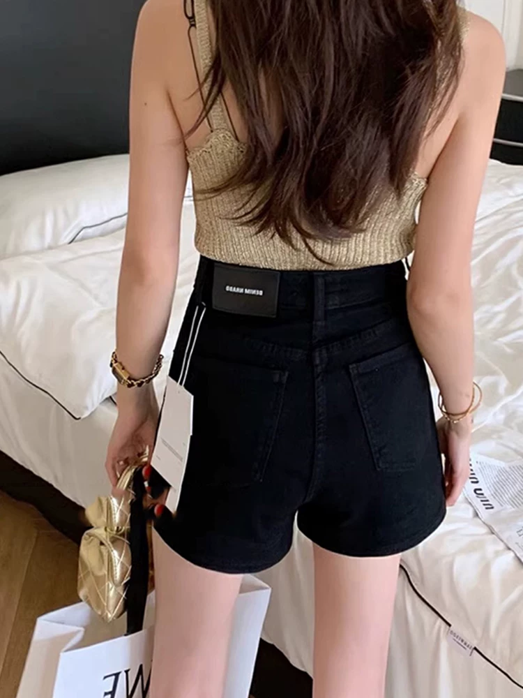 Quần short denim ống đứng màu đen dành cho nữ, cỡ lớn mùa hè, cạp cao, co giãn, che hông, giảm béo, quần ống rộng chữ A đa năng.
