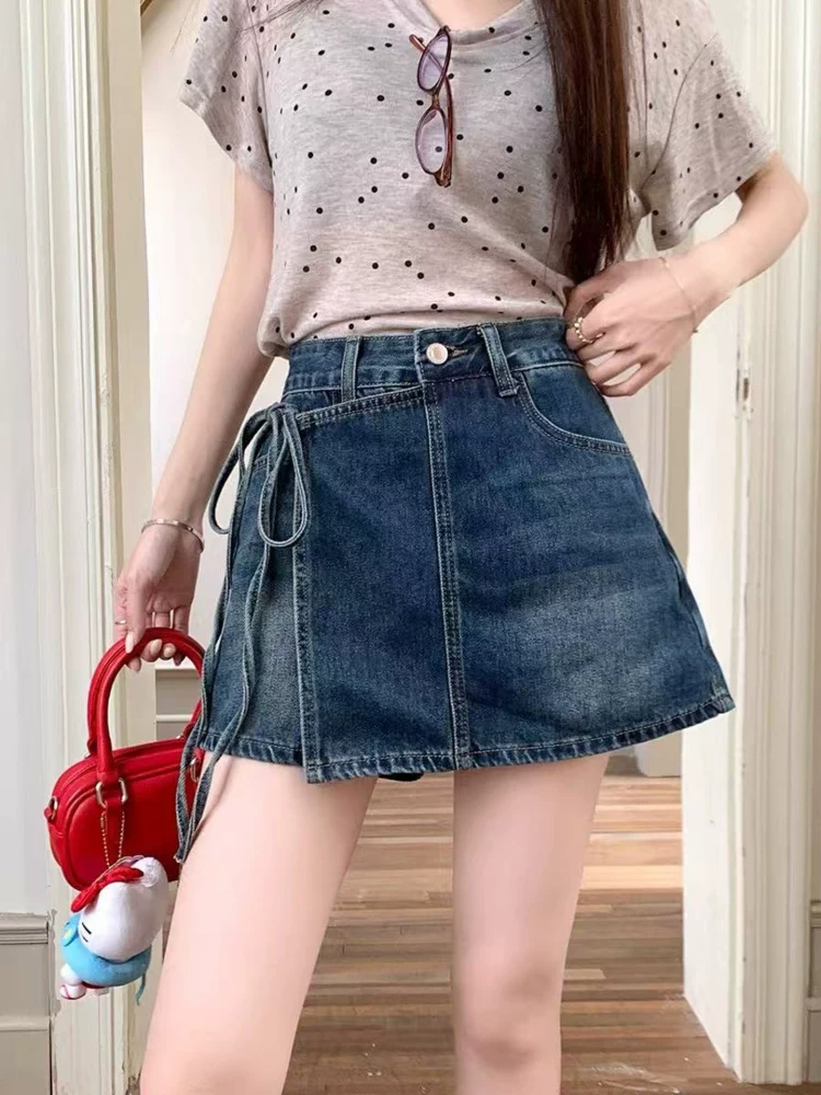 Váy denim dành cho nữ, phong cách mùa hè, cỡ lớn, lưng cao, che hông, thon gọn, dáng bất quy tắc, quần váy ngắn bodycon chữ A.