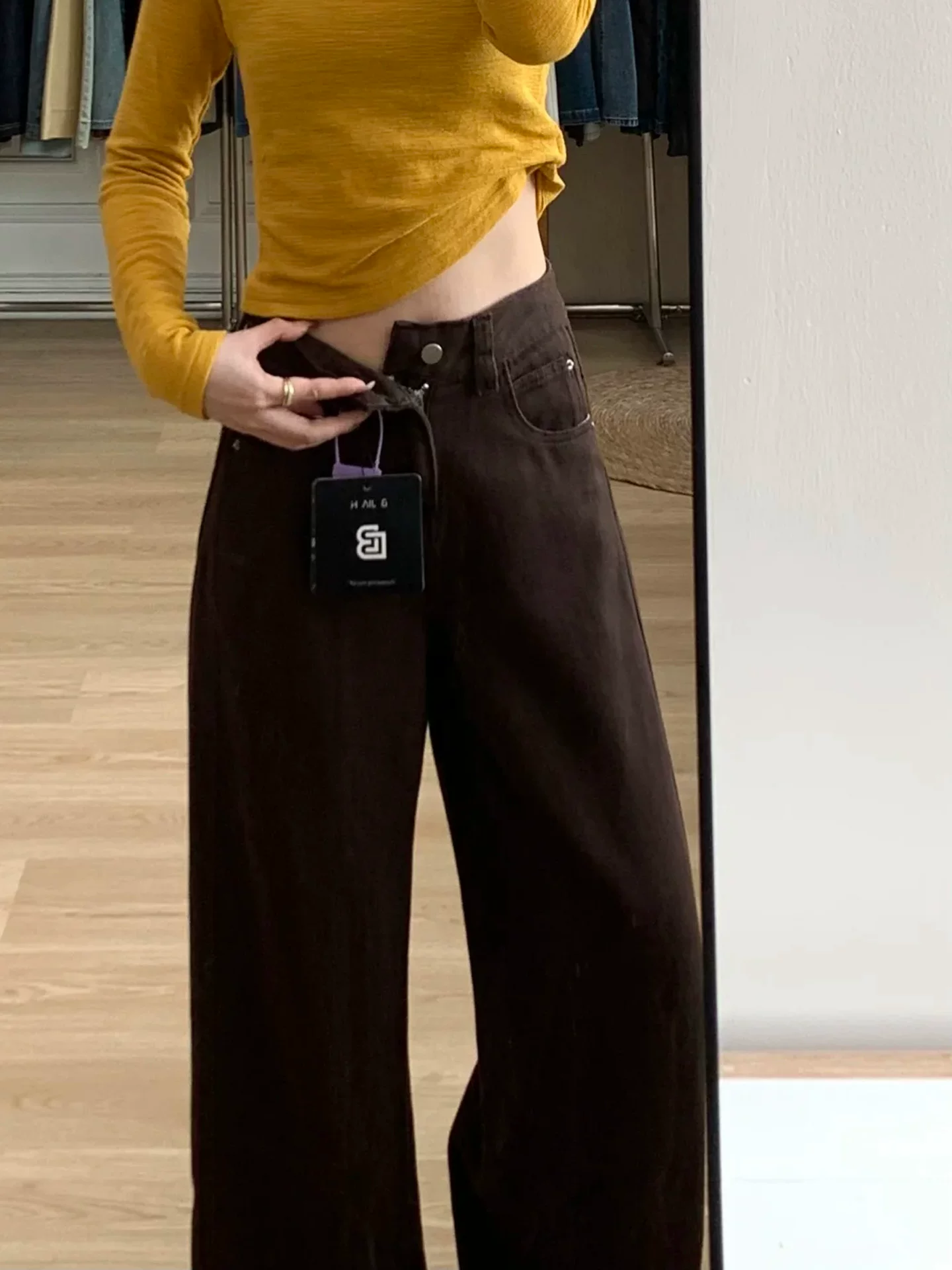 Quần jean ống rộng màu nâu dành cho nữ, mùa thu đông, lót lông cừu, cỡ lớn, lưng cao, dáng rộng, che hông, giảm béo, quần ống thẳng hẹp