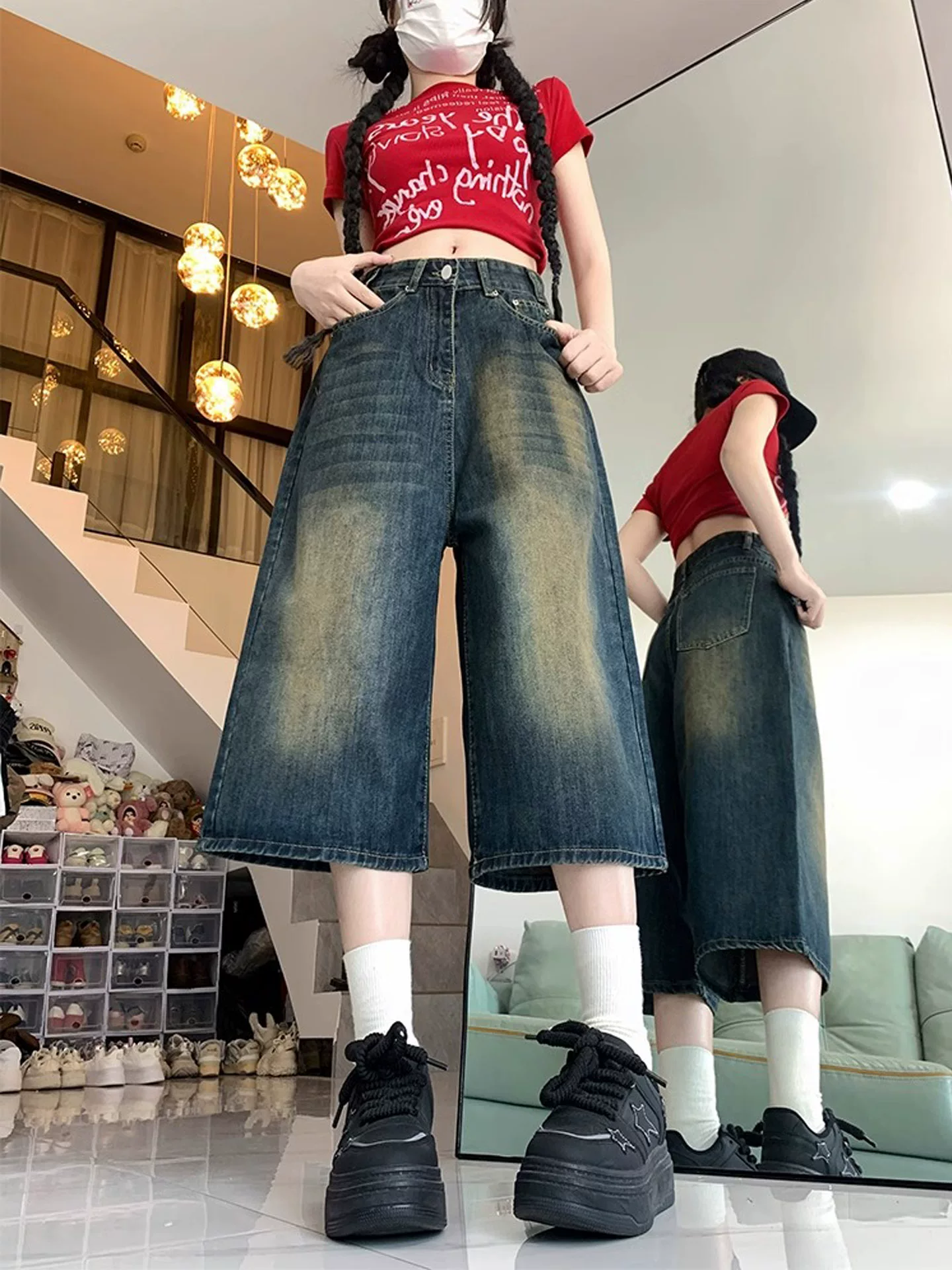 Quần jeans nữ vintage ống rộng, cạp cao, dáng rộng, tôn dáng, dành cho mùa hè 2025, size lớn, kiểu dáng dài ngang gối, dành cho người có thân hình quả lê