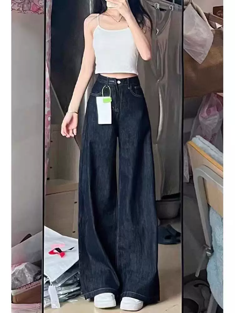 Quần jeans ống rộng màu xanh đậm dành cho nữ, xuân 2025, size lớn, cạp cao, dáng rộng, tôn dáng, dành cho người có dáng quả lê, quần ống thẳng