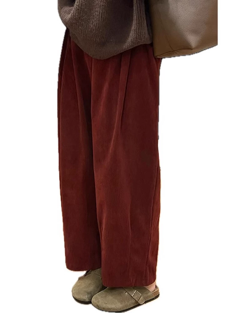 Quần ống đứng kiểu Nhật dành cho nữ, mùa thu đông, lót lông cừu, cỡ lớn, lưng cao, dáng rộng, dáng suông, giảm béo, vải nhung, quần ống rộng ngắn