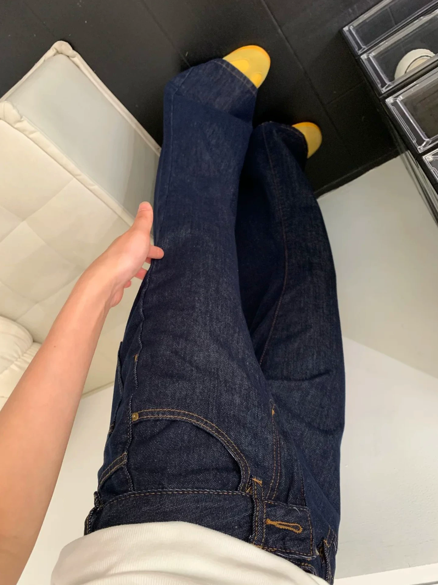 Quần jean bootcut màu xanh đậm dành cho nữ, mùa thu, cỡ lớn, lưng cao, dáng rộng, tôn dáng, quần ống loe nhỏ nhắn