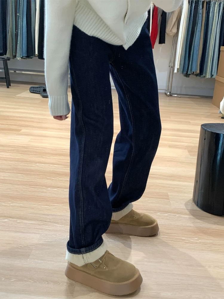 Quần jean ống đứng lót lông màu xanh đậm dành cho nữ, cỡ lớn, lưng cao, giảm béo, quần ống rộng rộng rãi, quần ấm mùa đông.